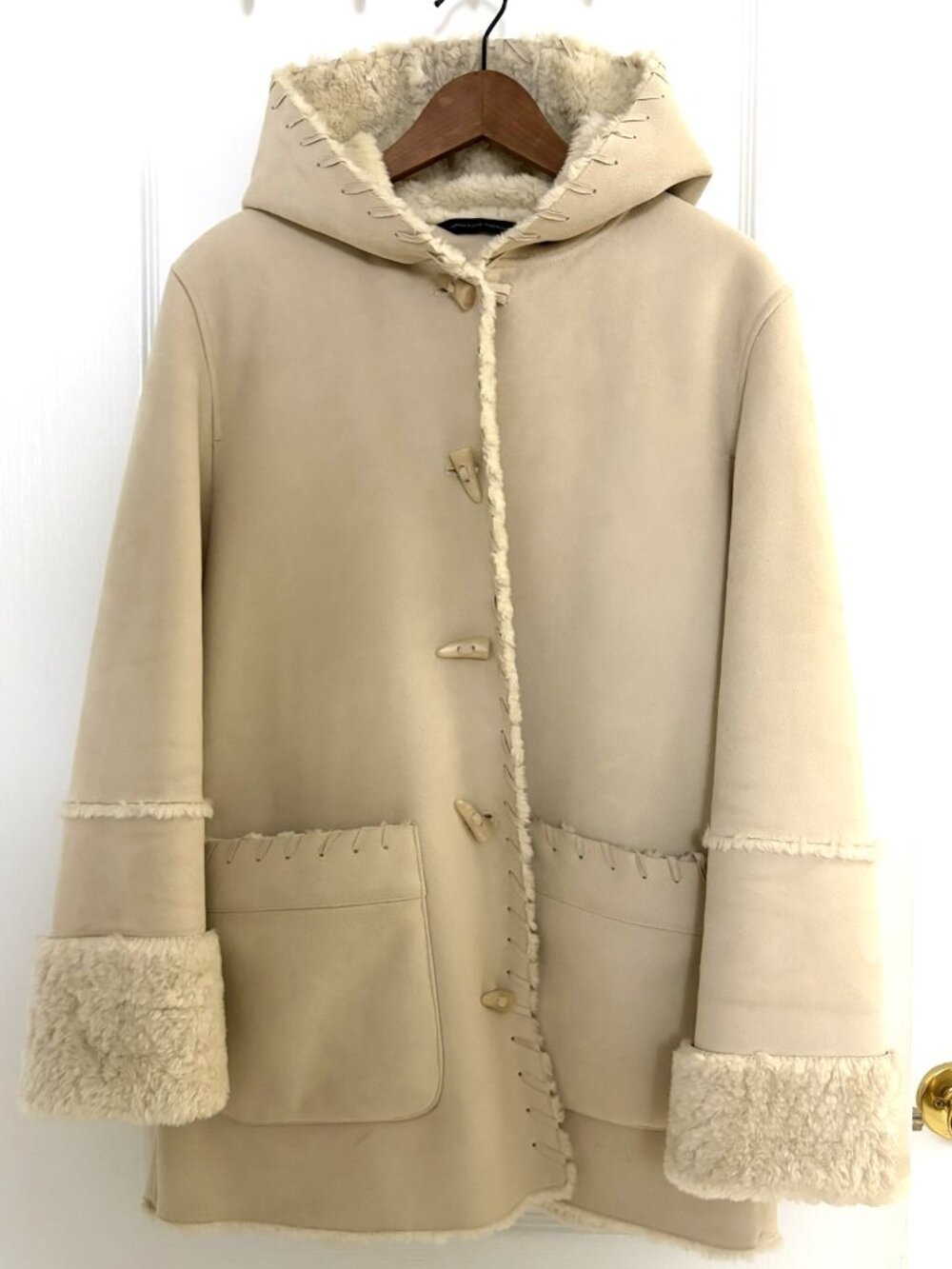 Cream Faux-Suede & Faux-Shearling Hooded Toggle Coat from Laura Size L